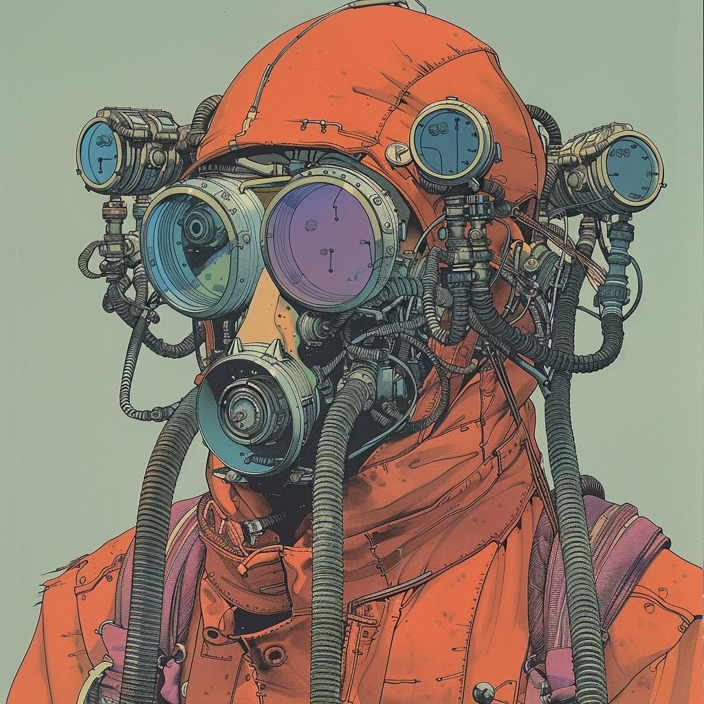 gasmask  man  orange  goggles  surreal  character  dystopian  covering  lines  abstract 967430