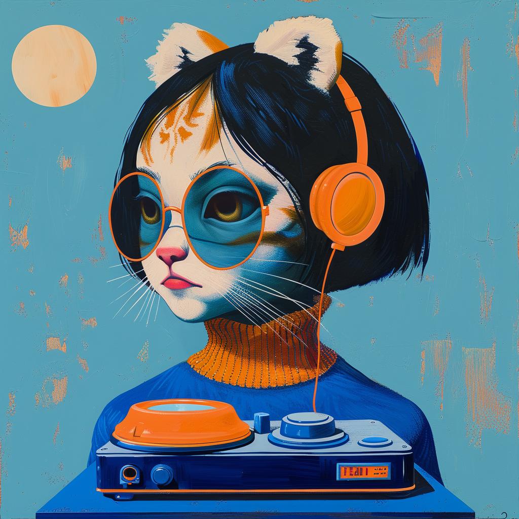 cat  headphones  turntable  music  whimsical  humor  colorful  playful  digital  fun 966388