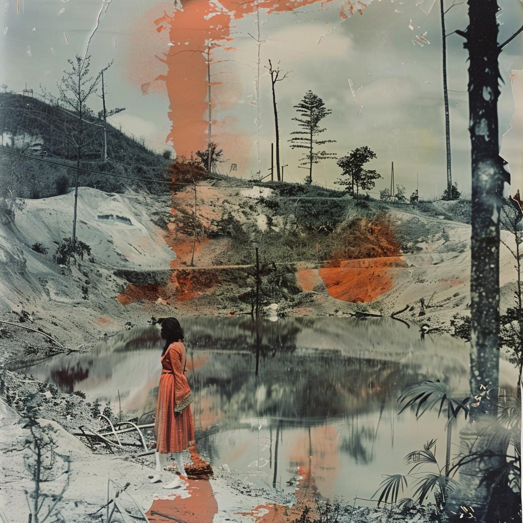 collage  surreal  woman  red  dress  pond  high  contrast  dreamlike  imagery 969842