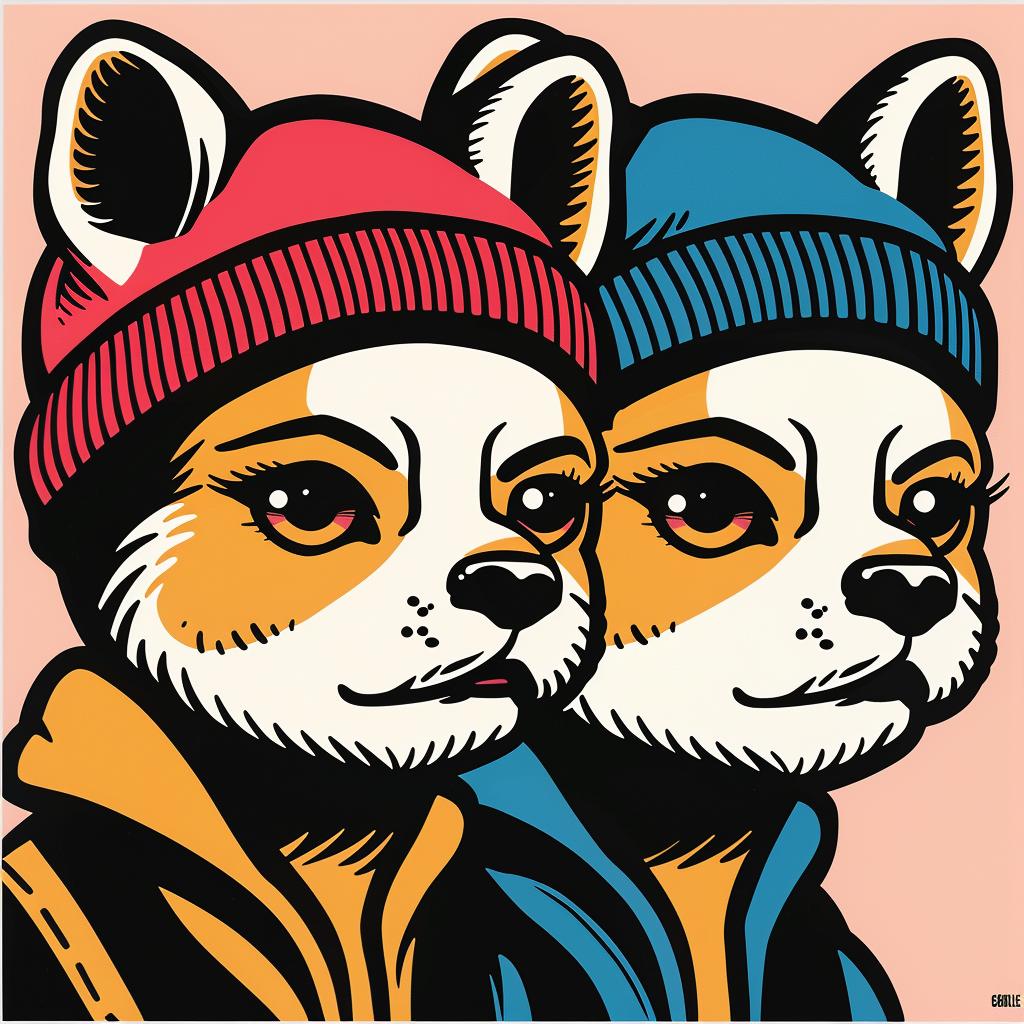 dogs  hats  coats  pink  background  humor  playful  cartoon  whimsical  style 966896