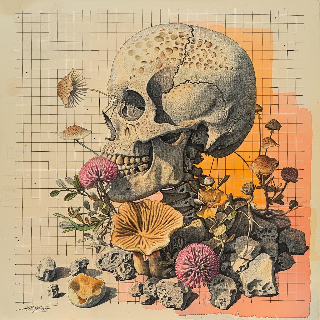 mushrooms  skull  flowers  plants  cluster  intertwined  spores  drawing  Japanese  lettering 1036332