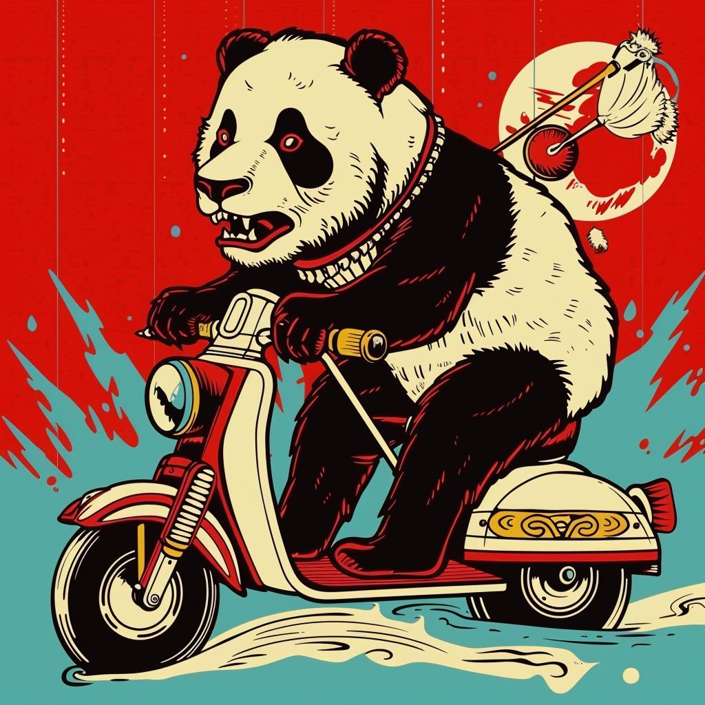 panda  scooter  motorcycle  red  funny  animal  playful  illustration  cartoon  cute 943359