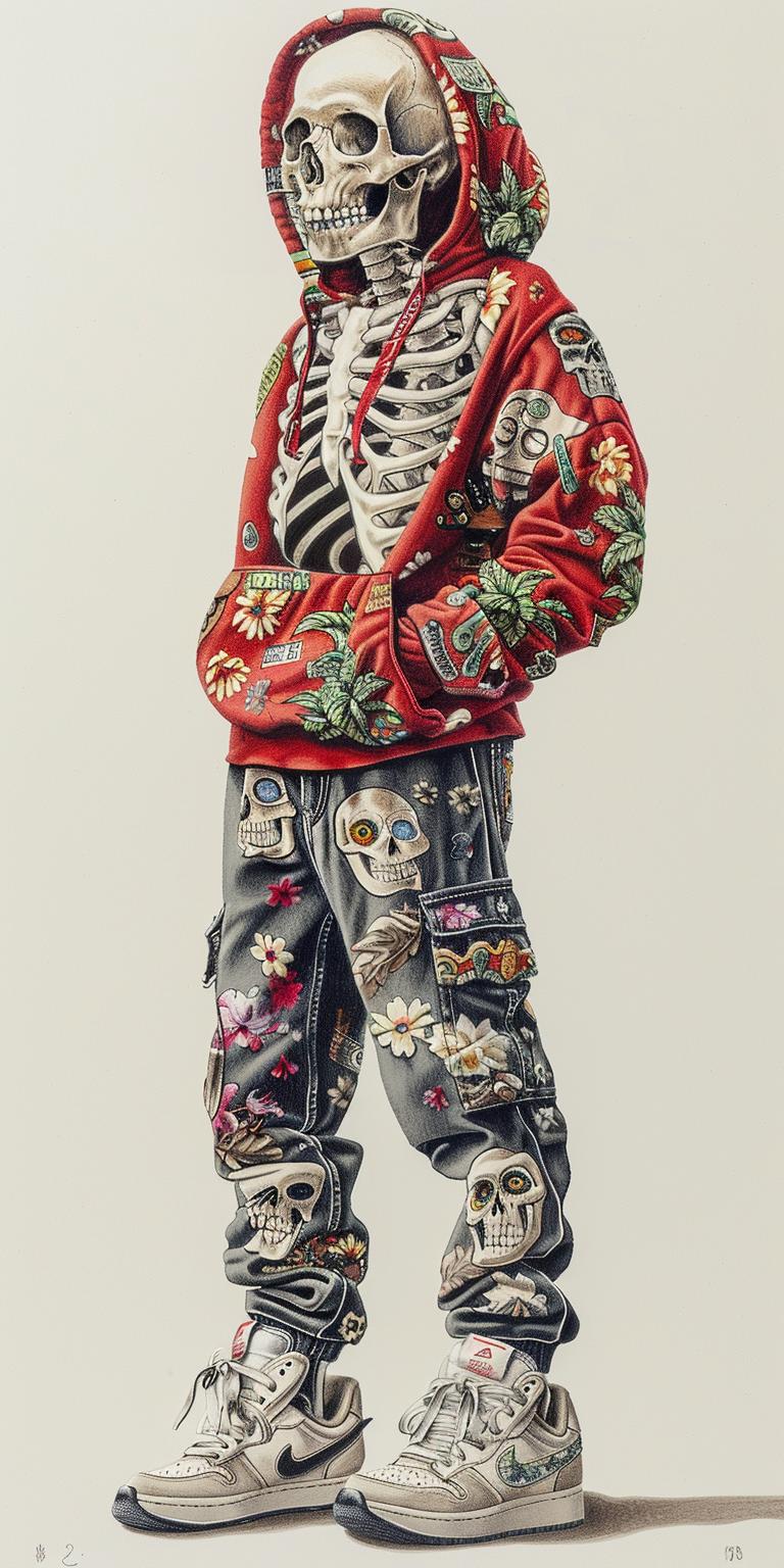 skeleton  streetwear  Codex  Seraphinianus  white  background  red  hoodie  jeans  portrait 971167