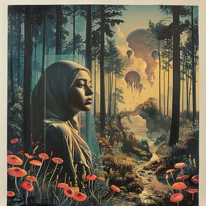 امرأة حجاب أزهار طباعة حجرية ملونة طبيعة نابضة بالحياة رسم توضيحي عمل فني تصميم ملون 1056916
