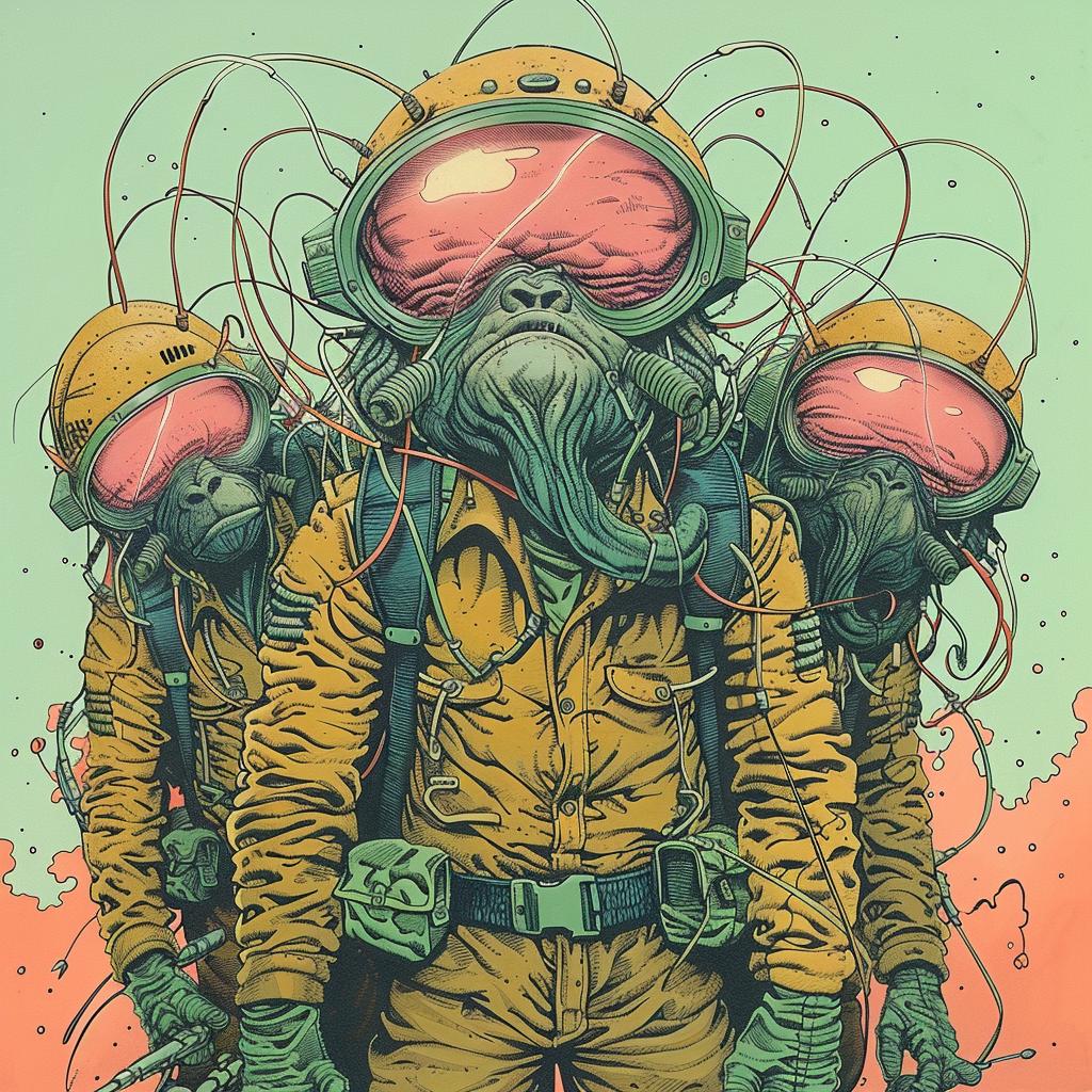 men  space  suits  battle  fantasy  sci-fi  humor  illustration  animals  red-eyes 923550