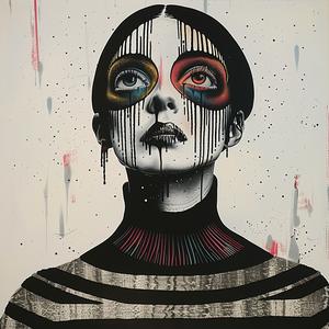 رجل يرتدي سترة صوفية بأسلوب فن البوب، بأربع عيون، ومكياج عيون متساقط، وقميص مخطط ملون بخلفية بيضاء، تروي، رقم 1036954