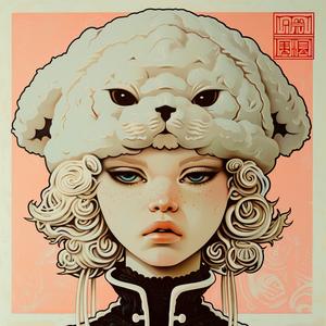 surreal  album  cover  girl  hat  dog  head  Risograph  Symbolist  hyper-realistic 1077614
