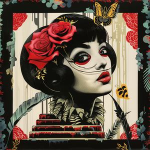 woman  red  roses  butterflies  surreal  portrait  album  cover  Risograph  symbolist 1077637