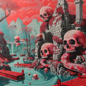 chromolithography  deathmetal  horror  skulls  water  castle  Japanese  gothic  dark  illustration 1039804