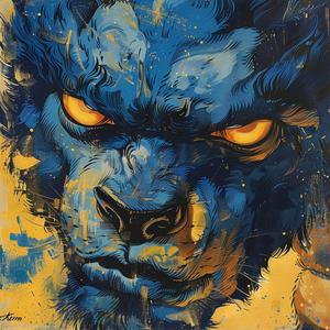 wolfman  portrait  1950s  vintage  comic  surrealism  pointillism  Art Nouveau  gold  indigo 1076983