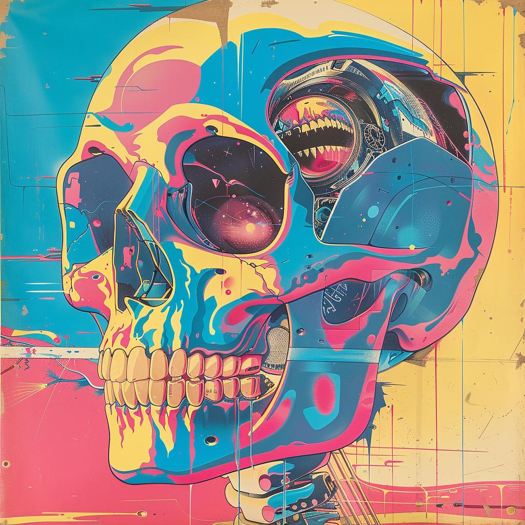 colorful  painting  skull  robot  head  1980s  geometric  electro  synthwave  trippy 960717