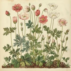 botanical  illustration  flowers  vintage  anemones  nature  foliage  artistic  pink  green 1040728