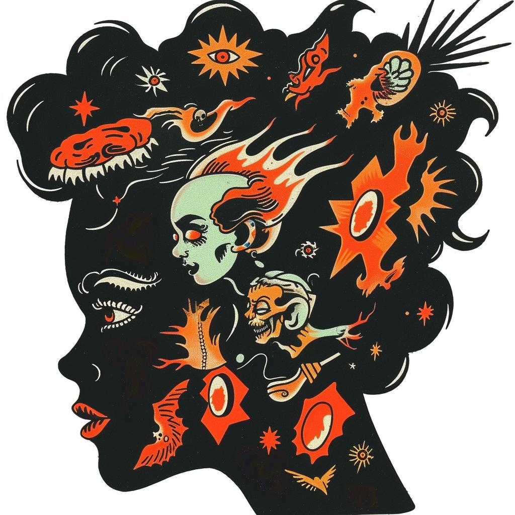 woman  head  objects  tattoo  illustration  Saul Bass  conceptual  artistic  design  creative 927409