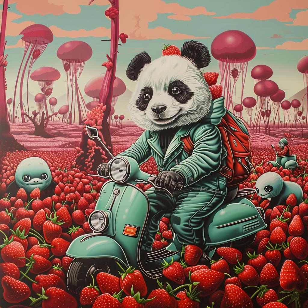 panda  streetwear  moped  strawberries  playful  colorful  whimsical  cute  cartoon  urban 1028485