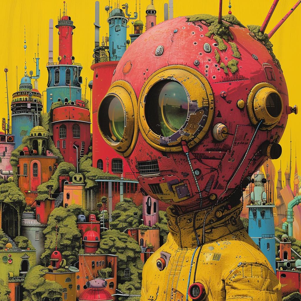 surreal  album  cover  hyper-realistic  screenprinting  robot  city  background  Os  Gemeos 960303