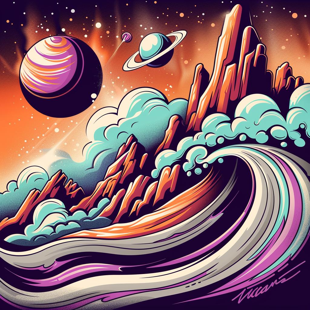 illustration  wave  planets  mountains  teal  orange  sunrise  galaxy  art  pulsar 941944