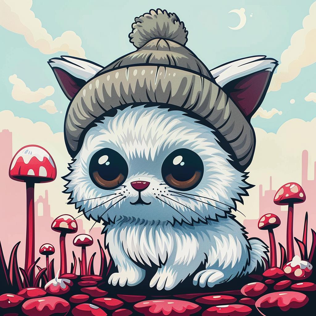 cartoon  cat  hat  mushrooms  cute  whimsical  illustration  character  playful  colorful 1032608