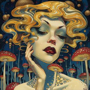 woman  mushrooms  illustration  comic  Surrealism  pointillism  gold  indigo  teal  vintage 1076039