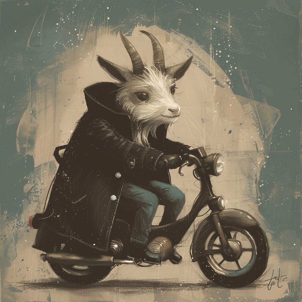 goat  horns  trenchcoat  motorcycle  stylized  humorous  animal  whimsical  transport  fictional 1021611
