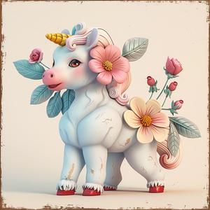 unicorn  flowers  head  chromolithography  colorful  fantasy  illustration  whimsical  art  figurine 1058236