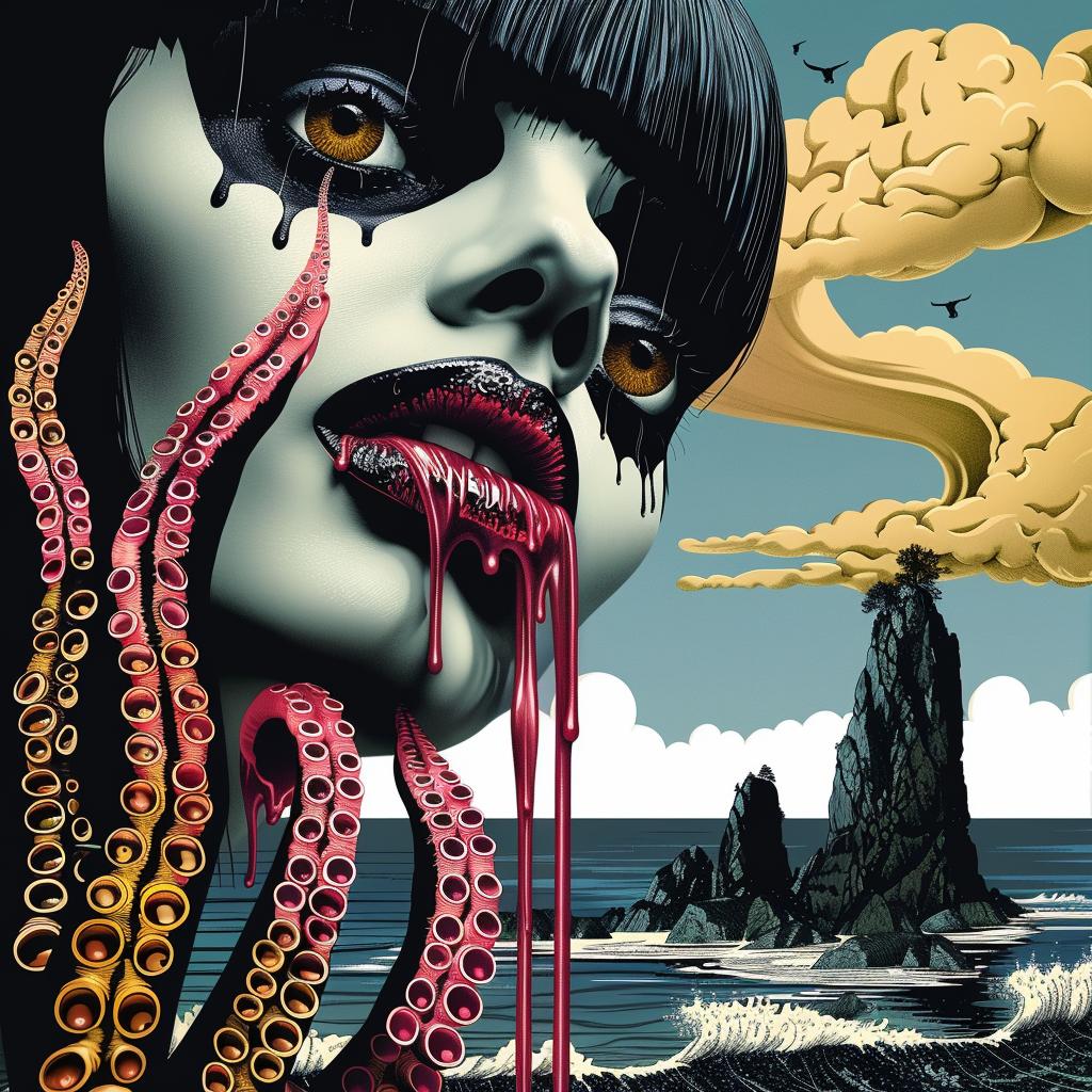 creature  woman  tentacles  skull  japanese  lettering  chromolithography  dark  strange  horror 945938