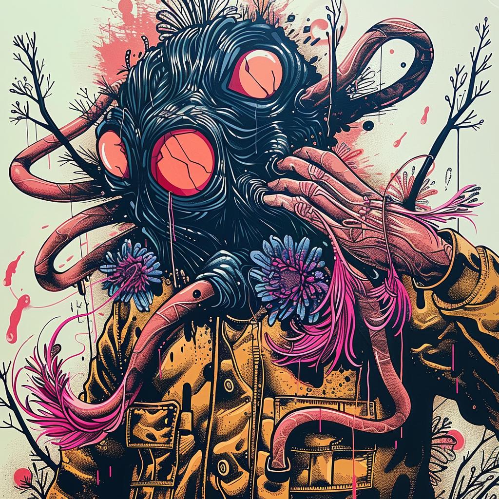 man  painting  gasmask  mysterious  dark  japanese  lettering  surreal  abstract  art 948203