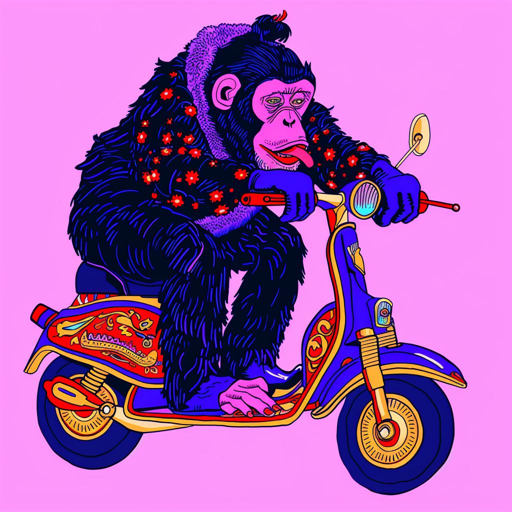 chimp  scooter  pink  whimsical  playful  animal  transportation  cartoonish  funny  illustration 1021843