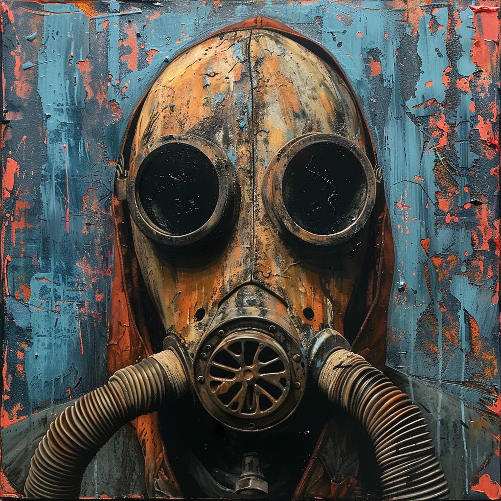 surreal  album  cover  hyper-realistic  screenprinting  gasmask  futuristic  encaustic  Kenojuak  art 959948