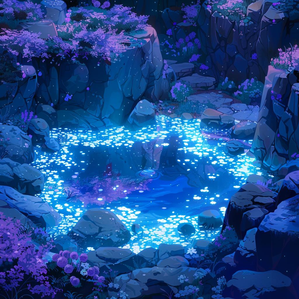 bioluminescent  water  elementals  rock  pool  vibrant  night  flat  minimal  jewel 1016836