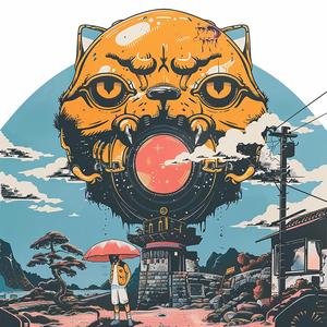 cat  train  surreal  album  cover  Risograph  Symbolist  screenprinting  hyper-realistic  art 1079762