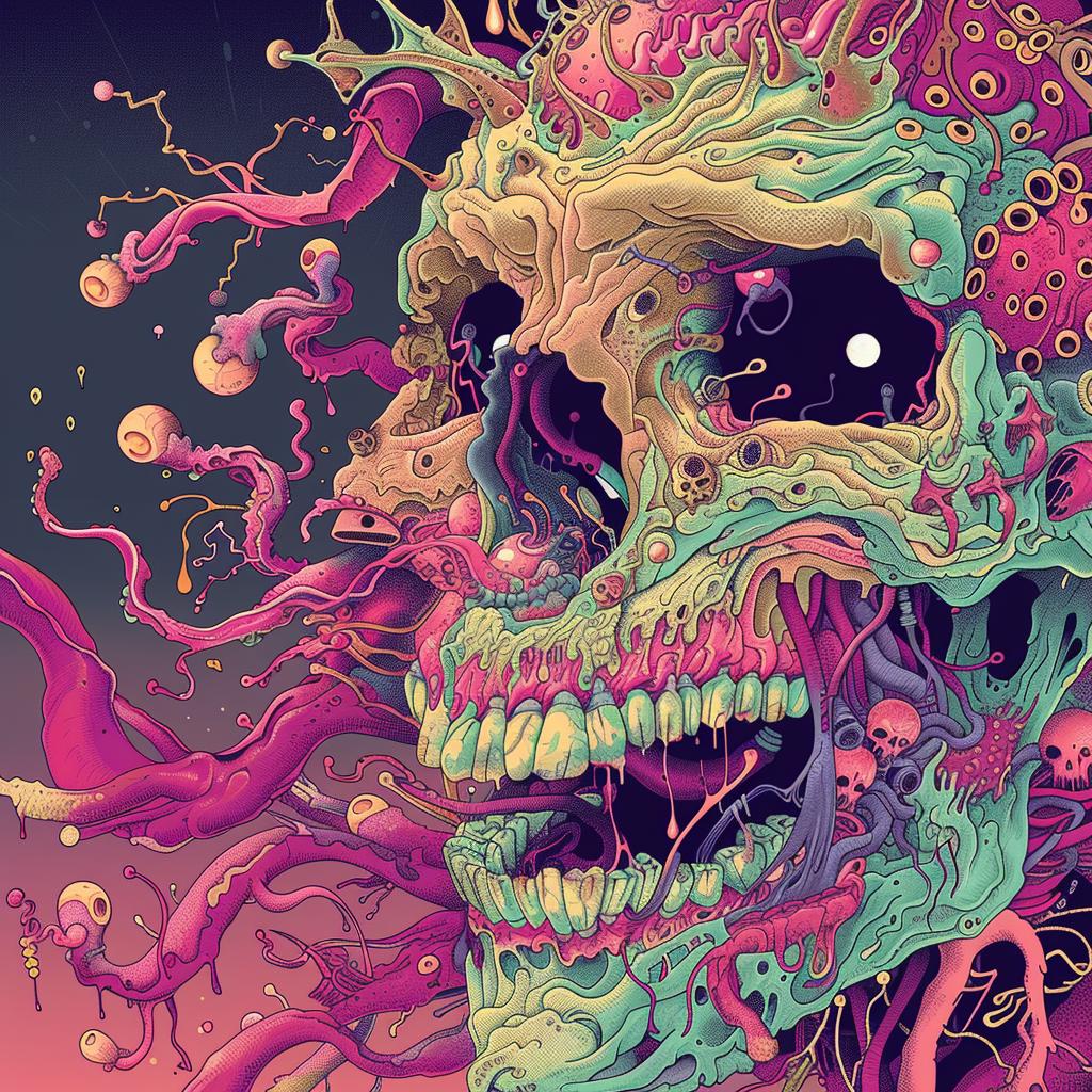 surreal  album  cover  hyper-realistic  screenprinting  chromoluminosity  axonometric  tentacles  colorful  skull 961655