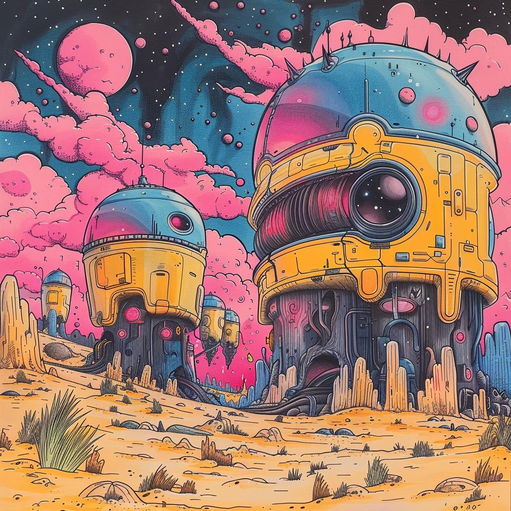 retro  sci-fi  gouache  robot  desert  pink  sky  illustration  dark  composition 922198