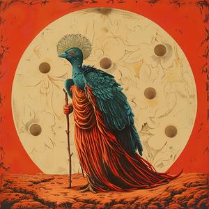 bird  staff  red  dress  chromolithography  vibrant  nature  symbolic  artistic  colorful 1049406