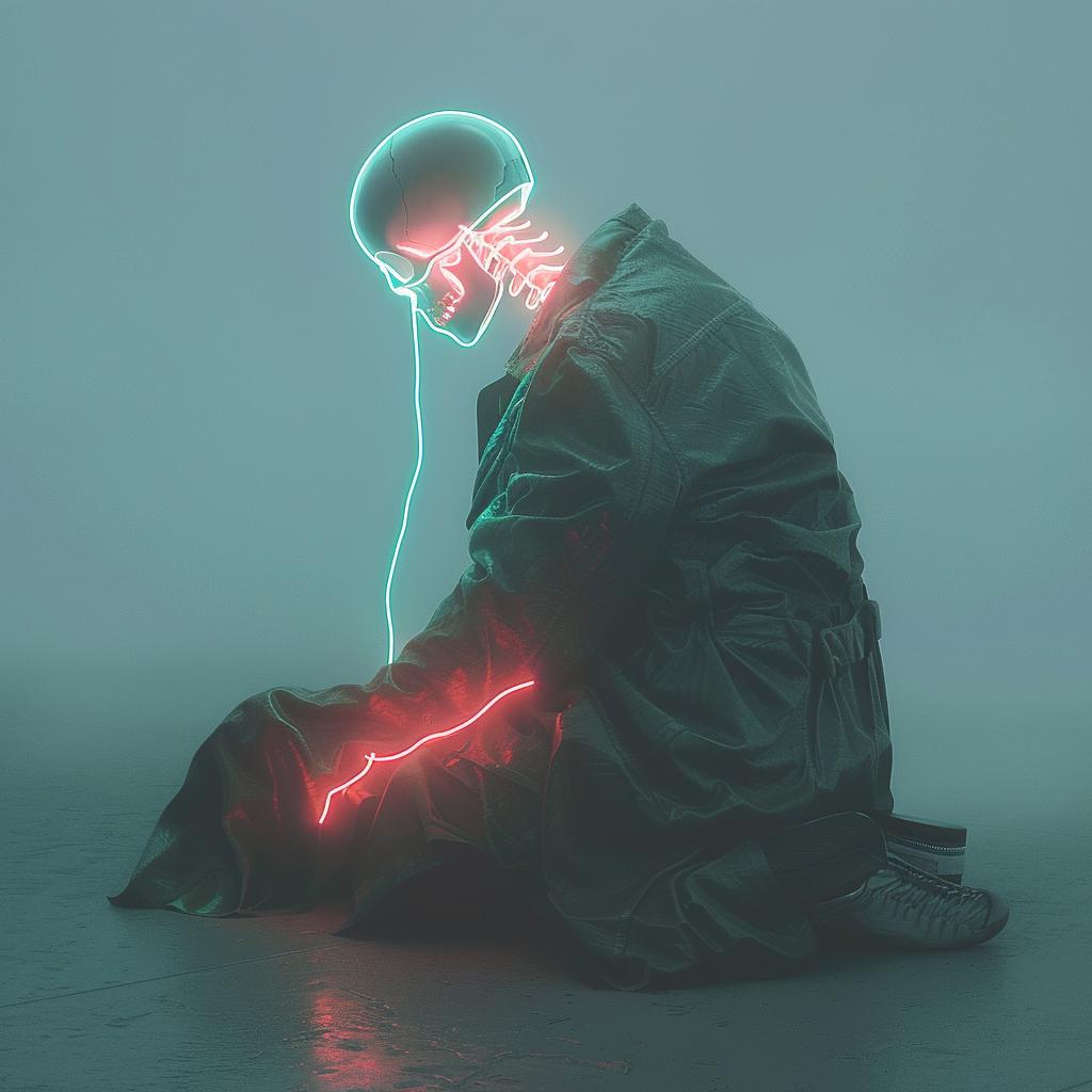 غلاف ألبوم سريالي، رجل جالس، أضواء نيون، تصميم إبداعي رقم 976573