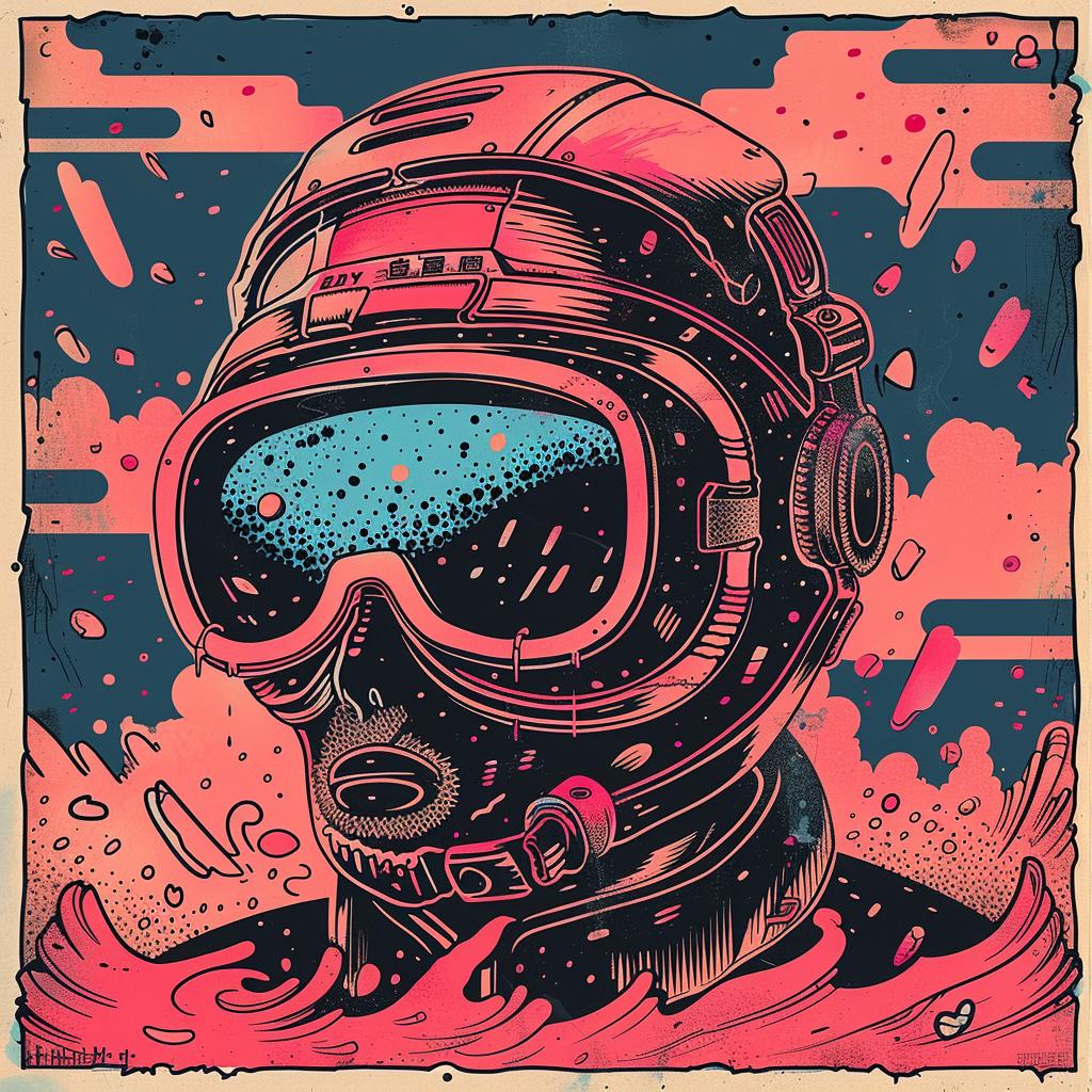 poster  man  diving  helmet  surreal  chaos  symbolist  Ukiyo-e  flowerpunk  synthwave 916817