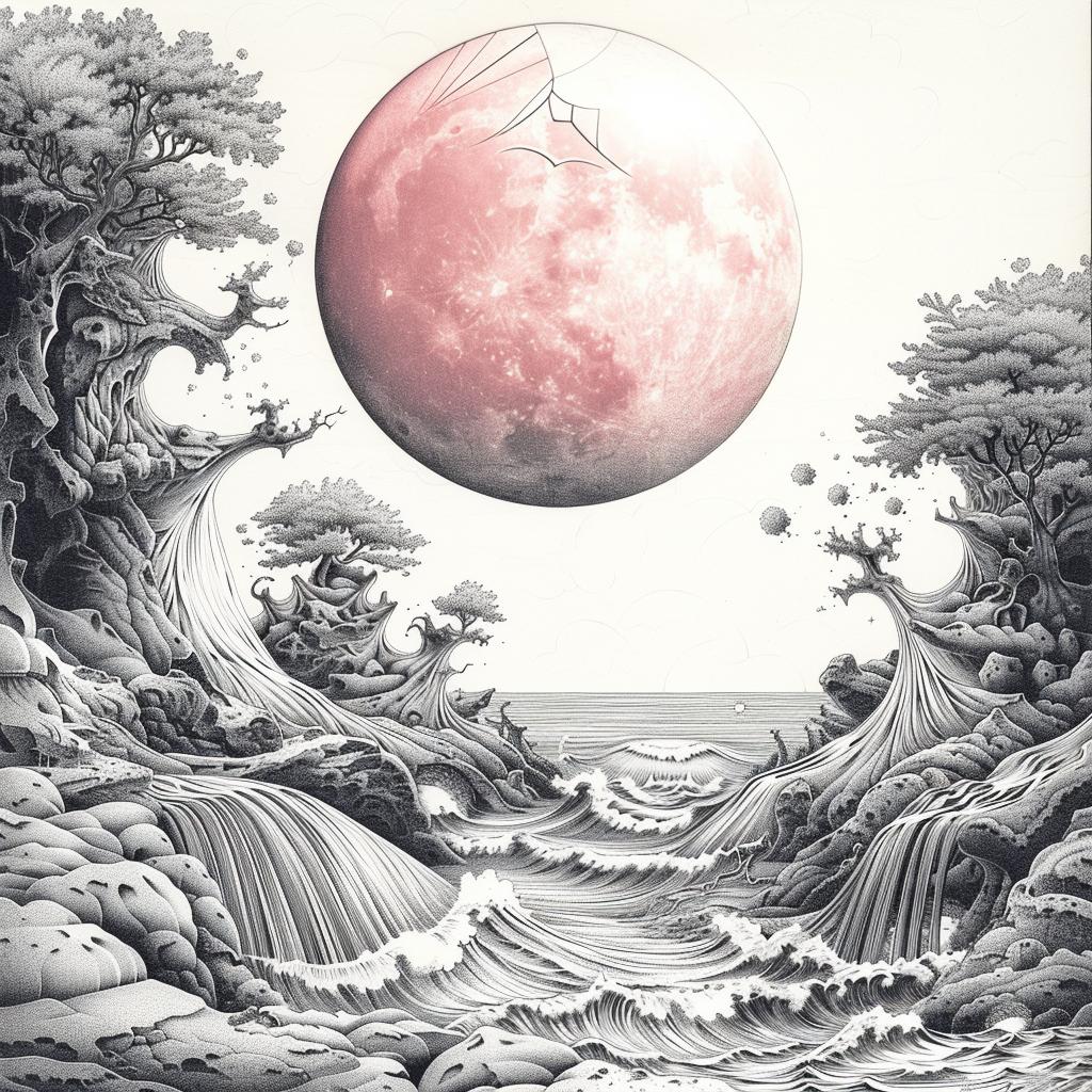 minimal  synthwave  album  cover  Ukiyo-e  moon  waterfall  surreal  pink  nature 916301