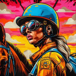 female  officer  horse  helmet  goggles  menacing  riot  shield  dynamic  painting 1037467
