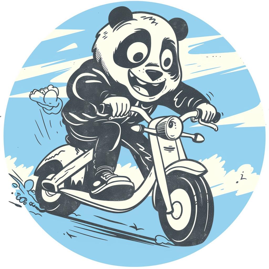 panda  motorcycle  cartoon  happy  minimal  playful  fun  blue  yellow  illustration 955474