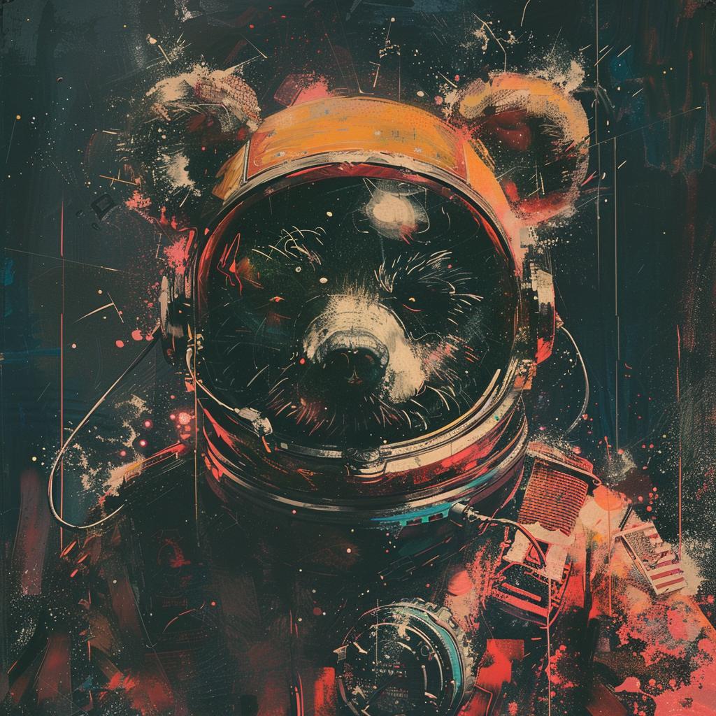 Retro  Sci-fi  Gouache  Cosmonaut  Bear  Cubist  Glitch  Cyberpunk  Poster  Xerox 922426