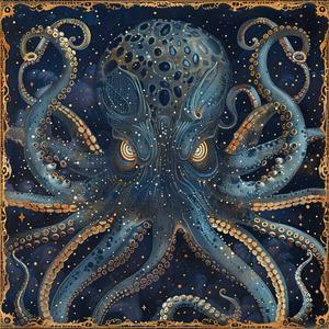 kraken  octopus  night  dark  occult  artnouveau  surrealism  pointillism  gold  indigo 1077027