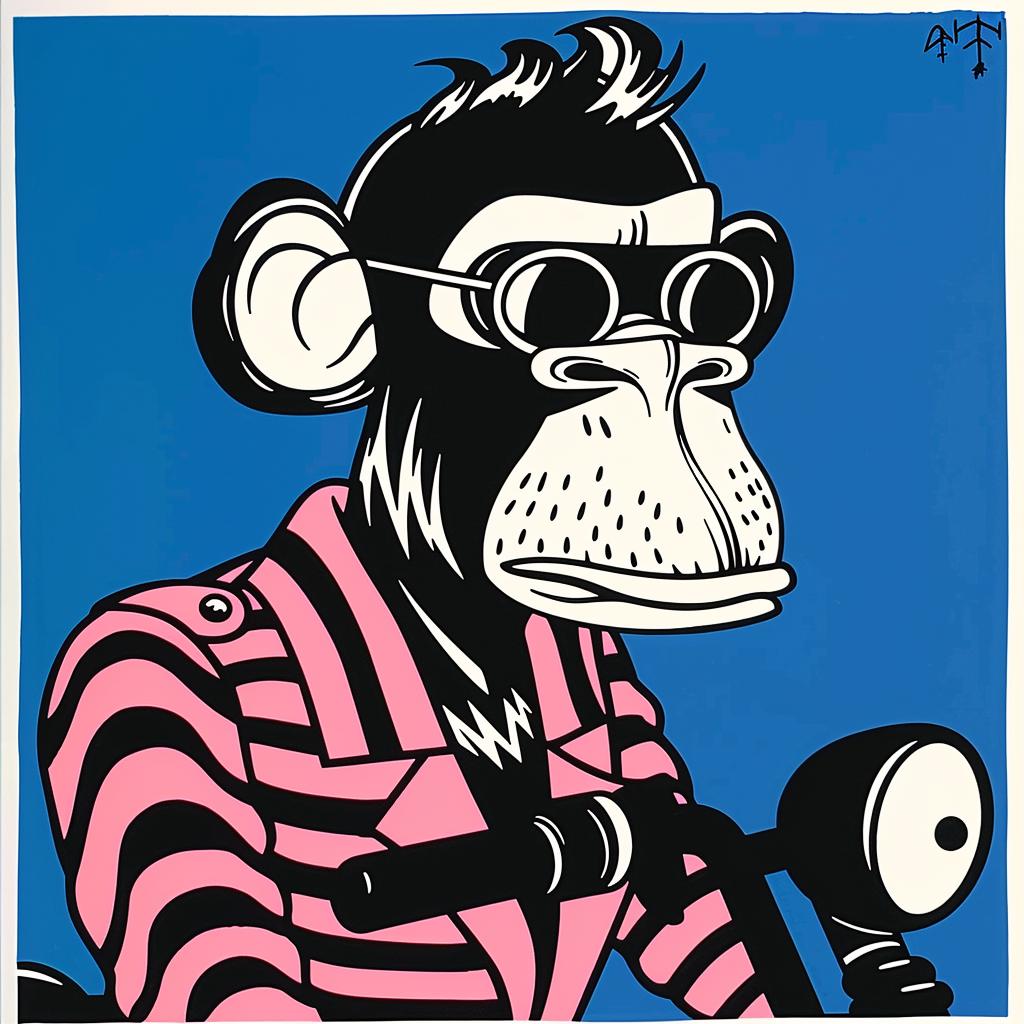 chimp  moped  monkey  sunglasses  pink  shirt  cartoon  playful  fun  whimsical 1022154