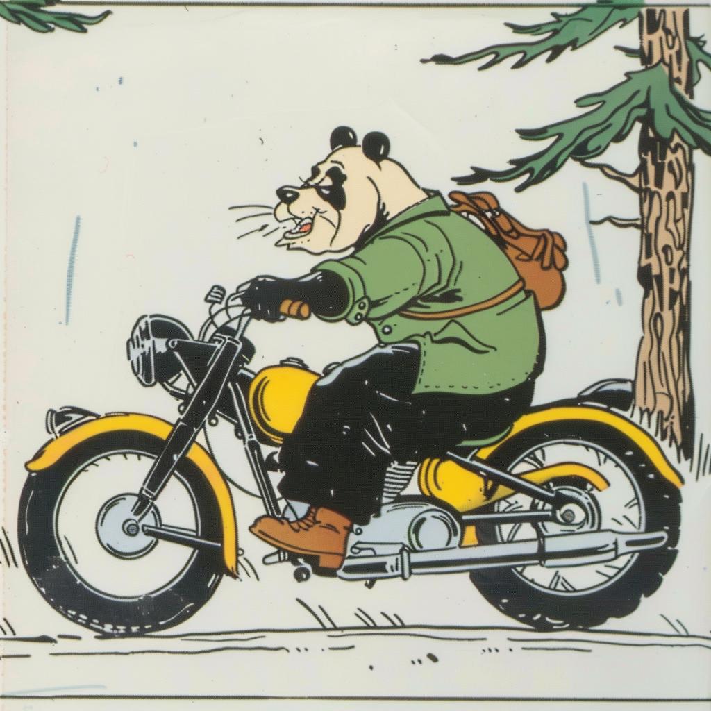 panda  motorcycle  woods  cartoon  adventure  fun  whimsical  movement  nature  animal 939028