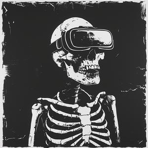 monoprint  skeleton  VR  mask  headset  black  white  vector  linocut  character 1070809