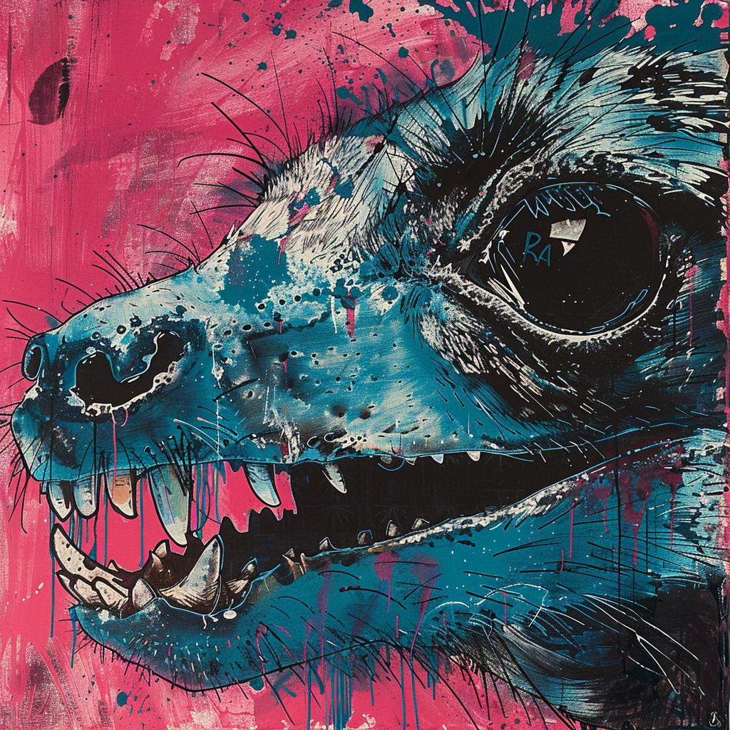 surreal  album  cover  hyper-realistic  screenprinting  ROA  lizard  blue  pink  black 960248
