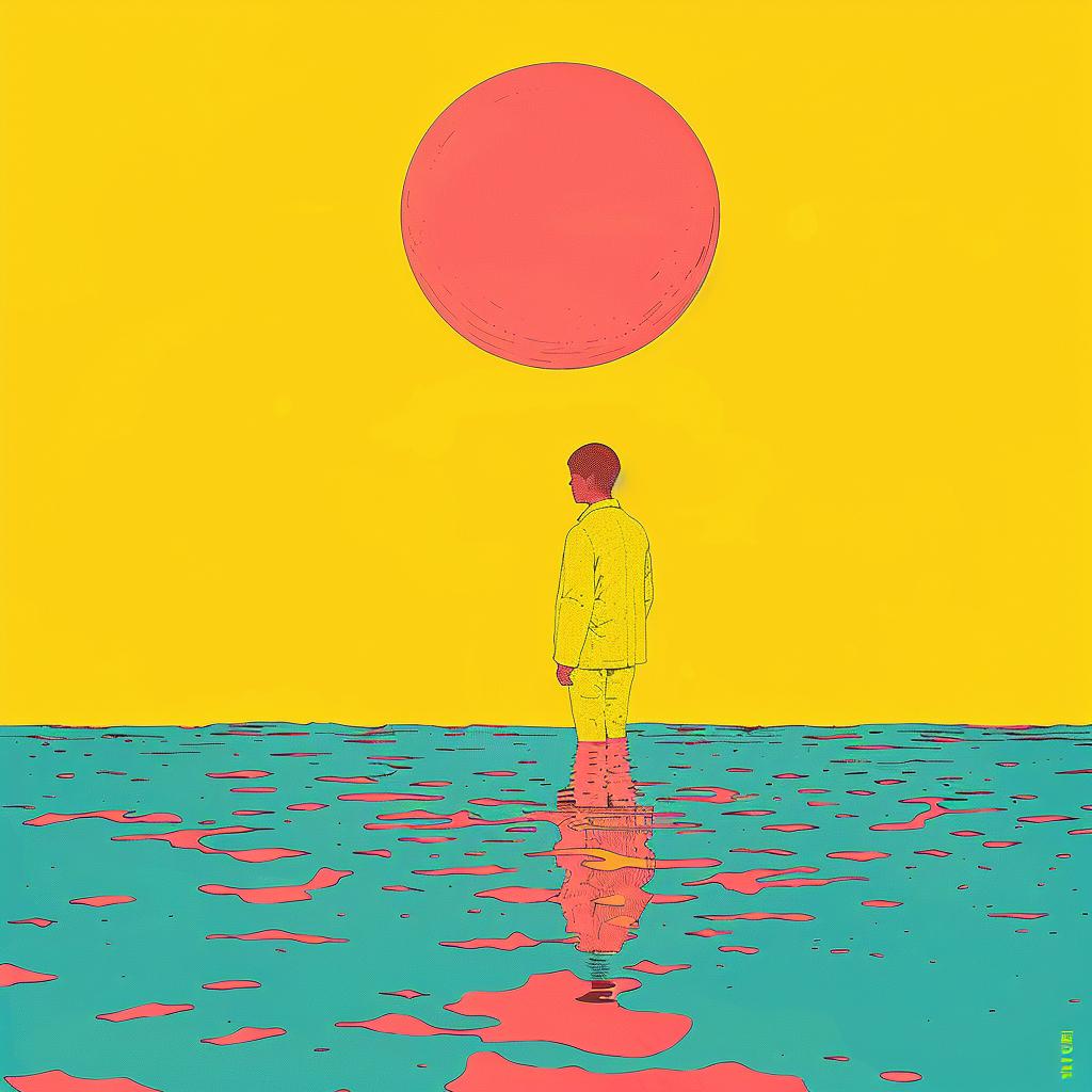 surreal  album  cover  metaphor  water  sun  background  painting  man  standing 1019084