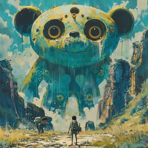 panda  three-eyed  ominous  occult  Surrealism  ArtNouveau  pointillism  gold  indigo  teal 1077093