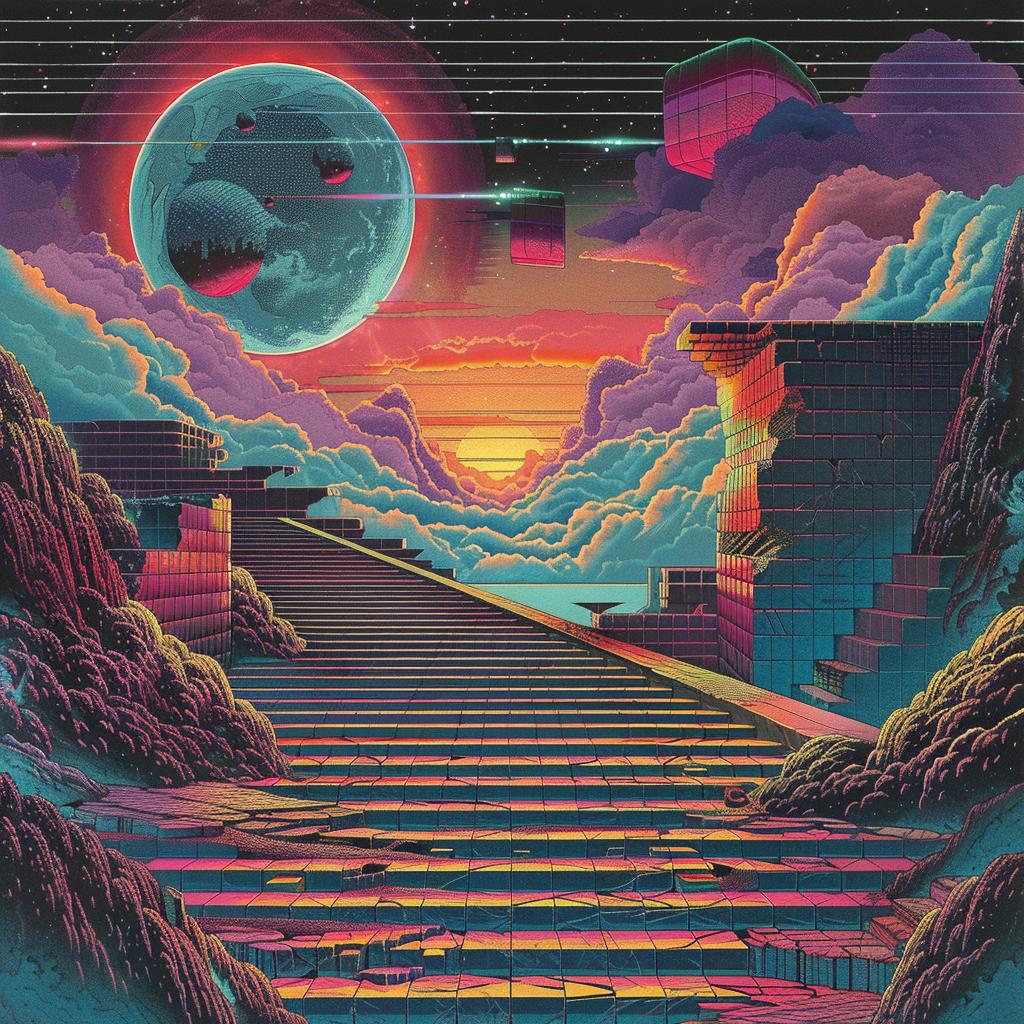 album  cover  Emek  synthwave  trippy  geometric  1980s  blues  teals  art 960753