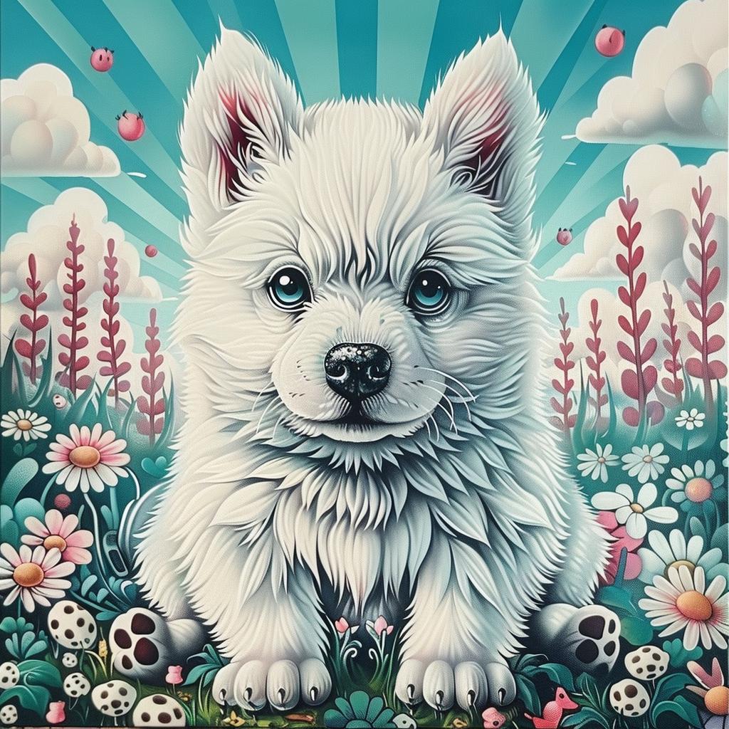 Siberian  husky  kawaii  white  dog  flowers  painting  cute  background  art 1033659