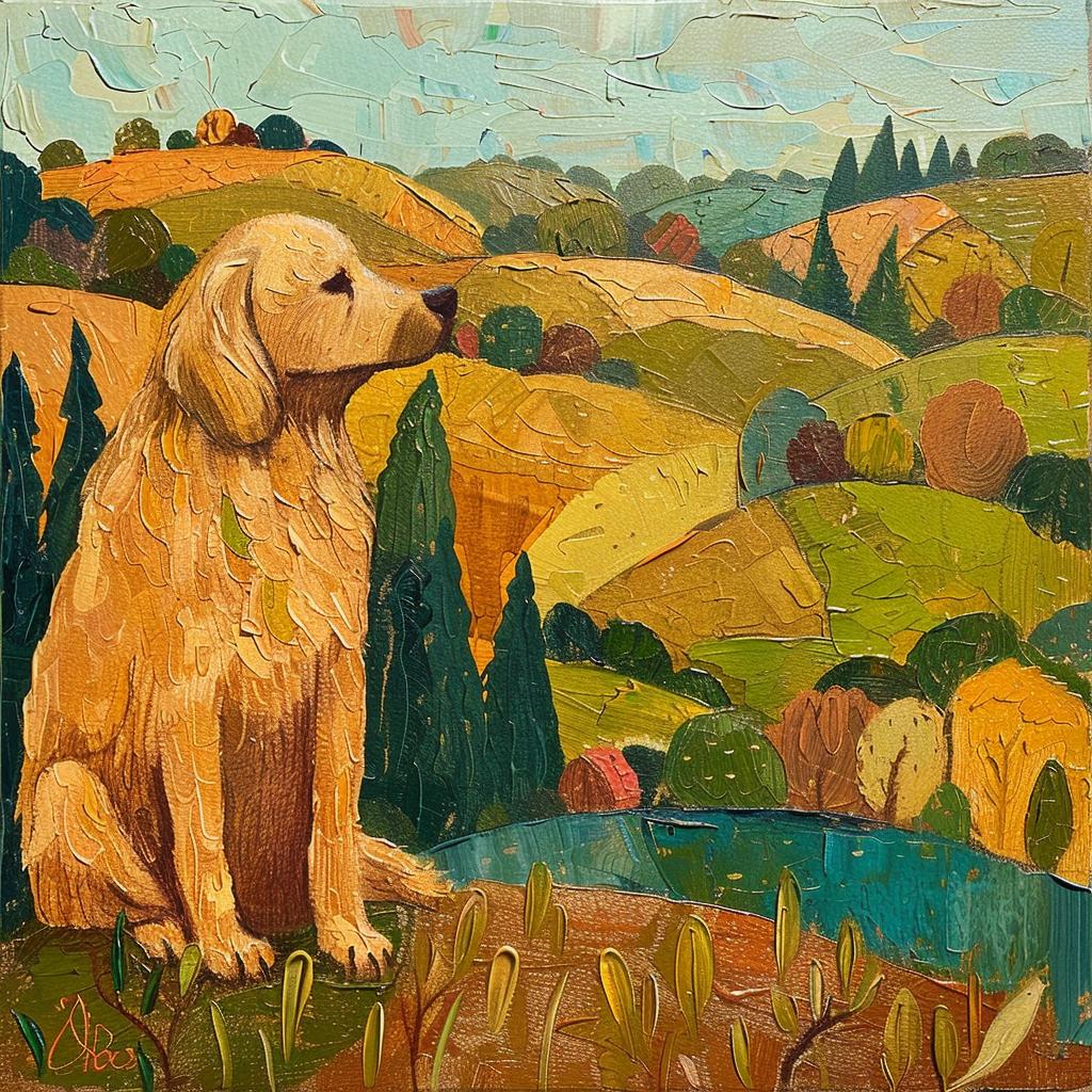 golden  retriever  hill  French  countryside  vibrant  textured  whimsical  painting  dog 938650