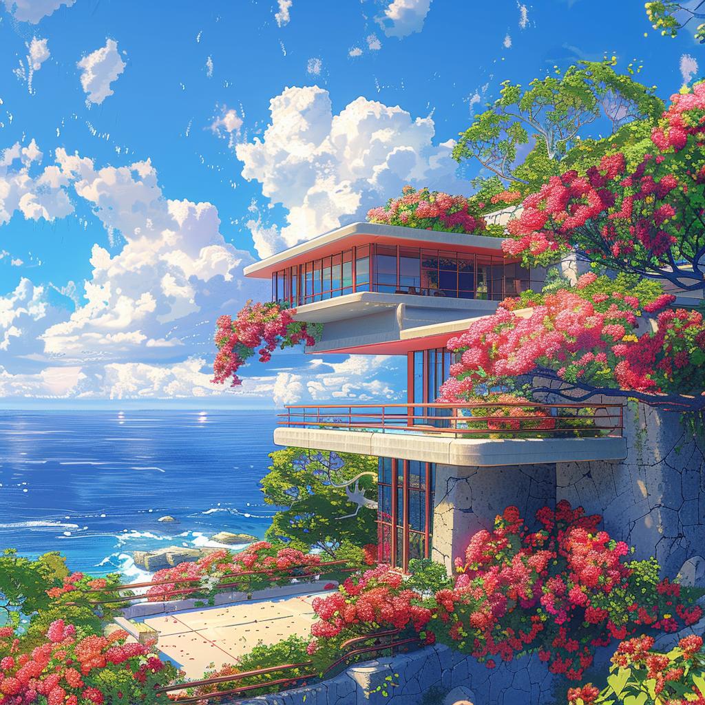 anime  cliff  ocean  flowers  house  design  blue  rendering  modern  art 1036468